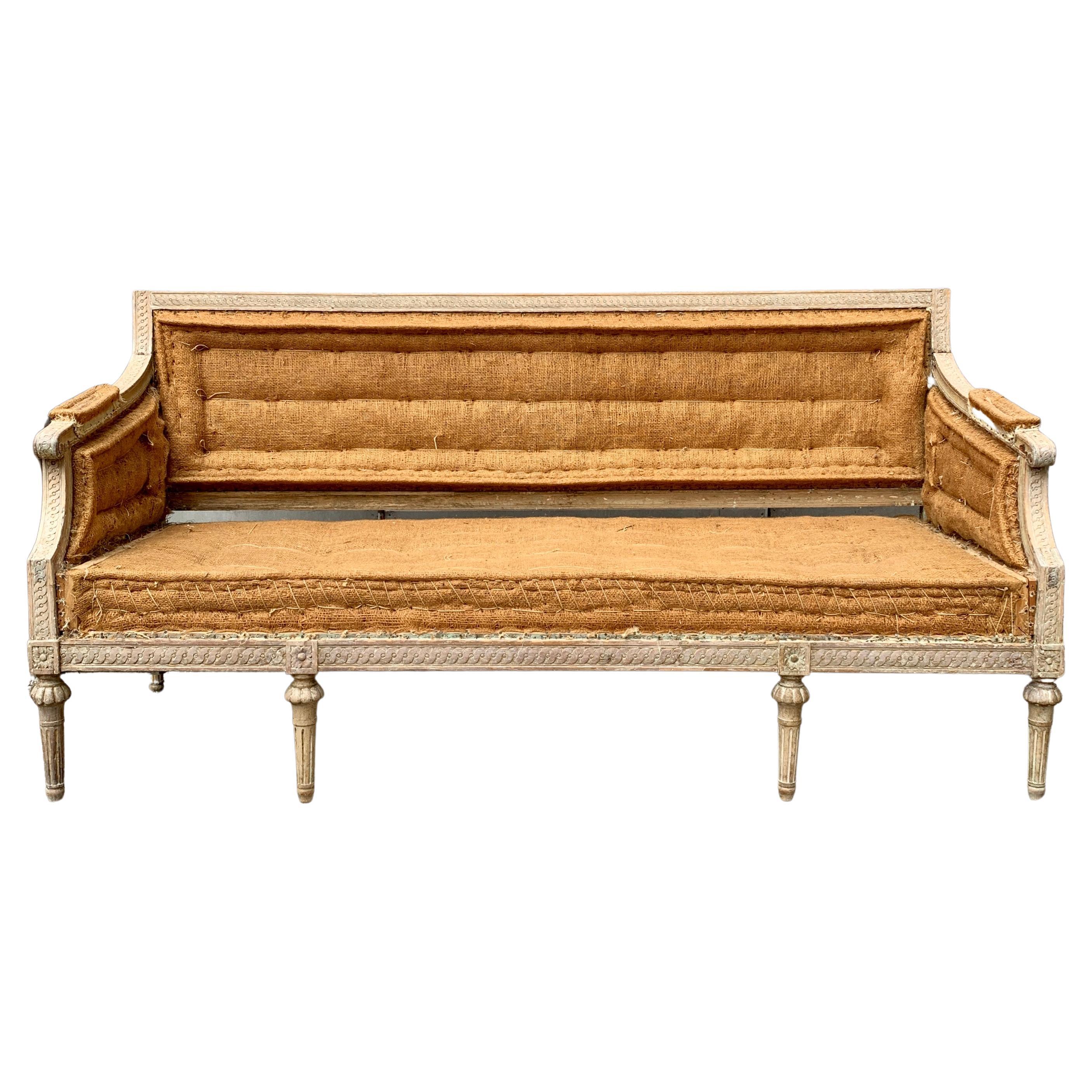 Swedish Late 18th century sofa or settee bench with old grey paint and the Unbeatable Original Patina. 
The sofa has been carefully and professionally hand-scraped in order recover the original paint, the was done by our highly specialized