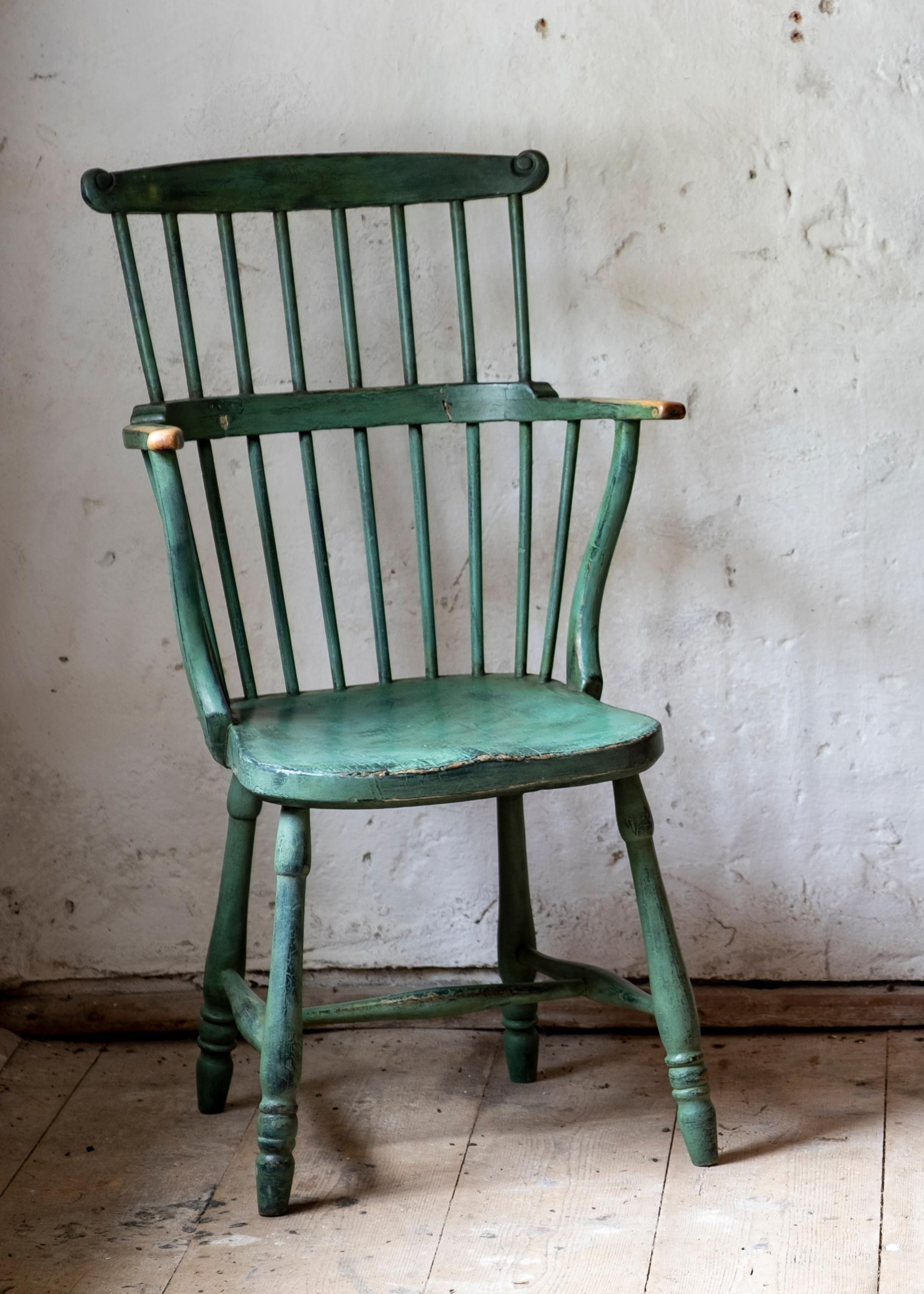 Hand-Painted 18th Century Gustavian Windsor Style Comb Back Chair