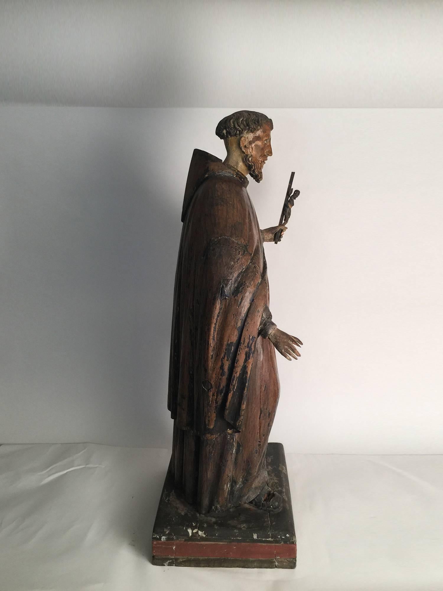 Polychromed 18th Century Hand-Carved and Painted Sculpture of Saint Anthony