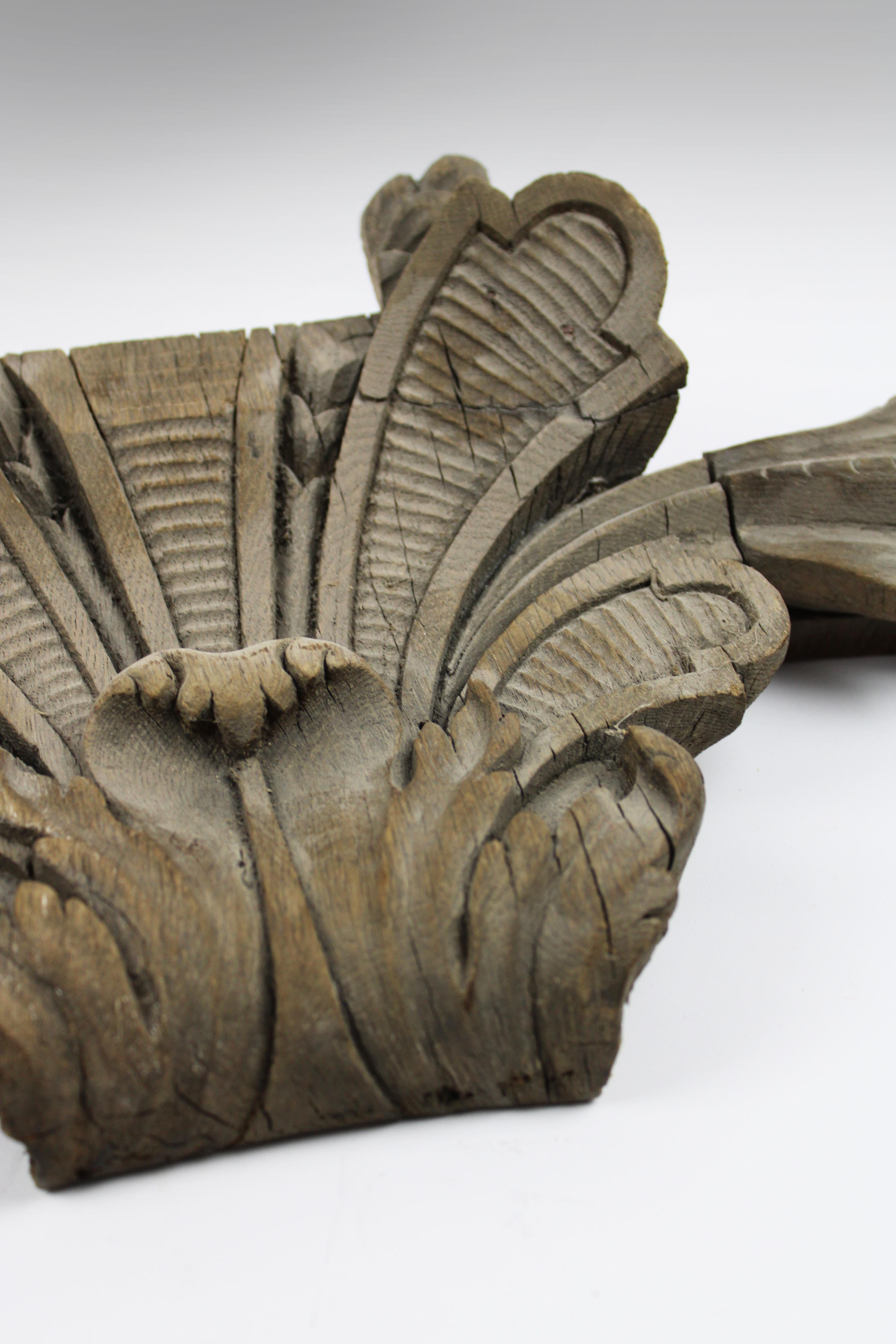 Presenting a magnificent 18th-century hand-carved architectural wooden fragment from France, adorned with intricate acanthus leaves. This exquisite piece, likely the top part of a mirror, epitomizes the refined craftsmanship and artistic detail of