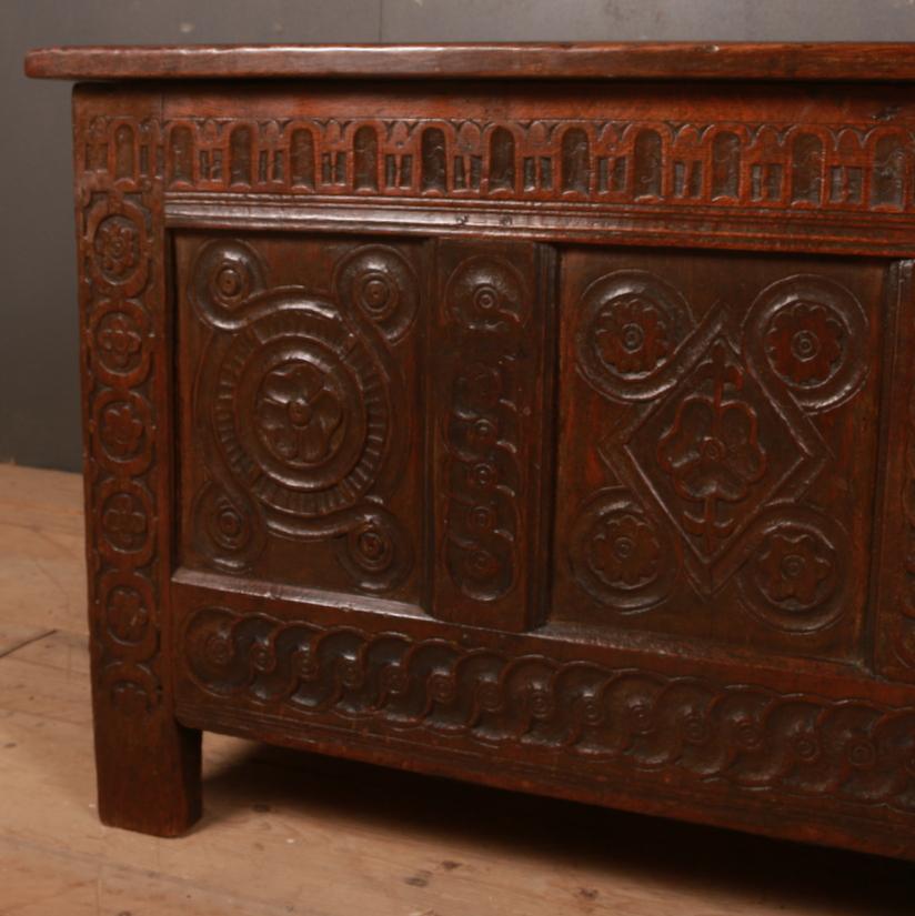 Good 18th century hand carved English oak coffer. Lovely color. 1740.


Dimensions:
53 inches (135 cms) wide
23.5 inches (60 cms) deep
25 inches (64 cms) high.


 