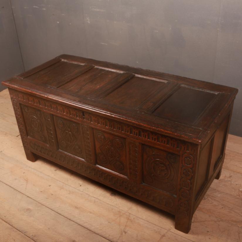 18th Century Hand Carved English Oak Coffer In Good Condition In Leamington Spa, Warwickshire