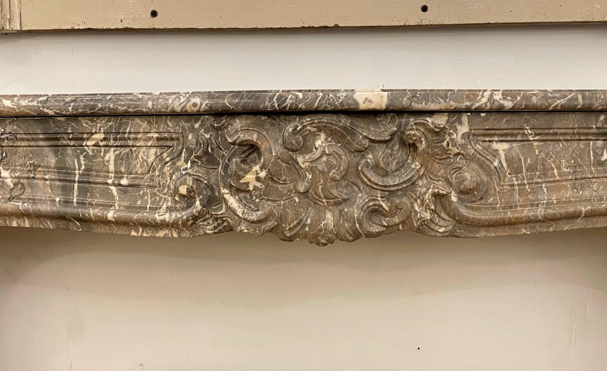 Hand-Carved 18th Century Hand Carved French Mantel Louis XV Gray Marble with White Veining