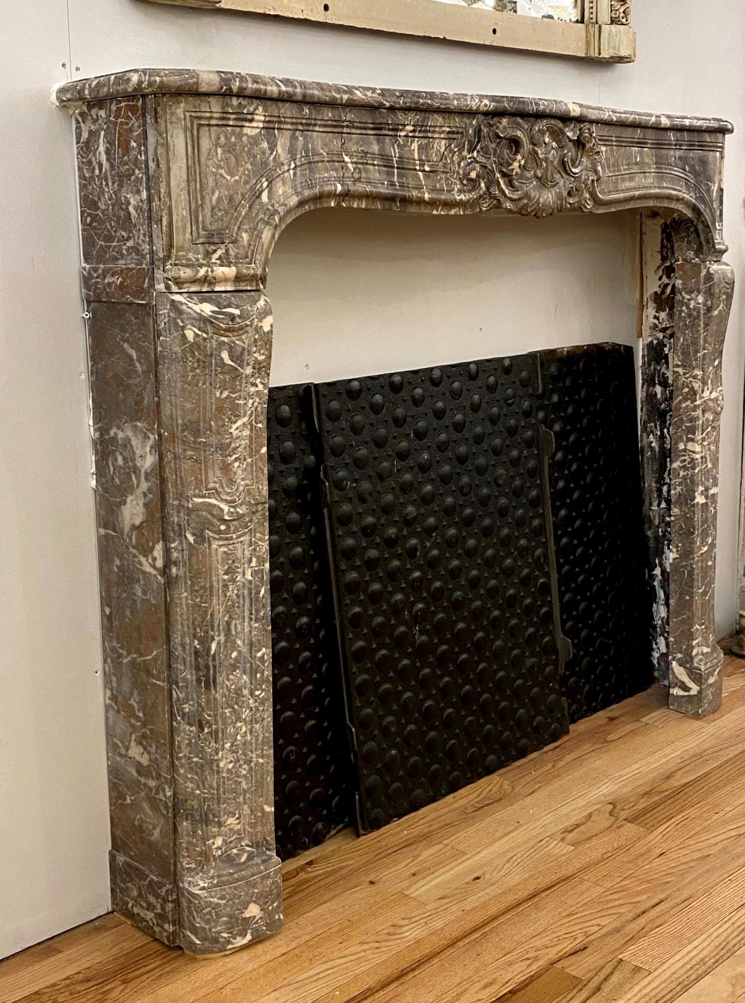 18th Century Hand Carved French Mantel Louis XV Gray Marble with White Veining 2