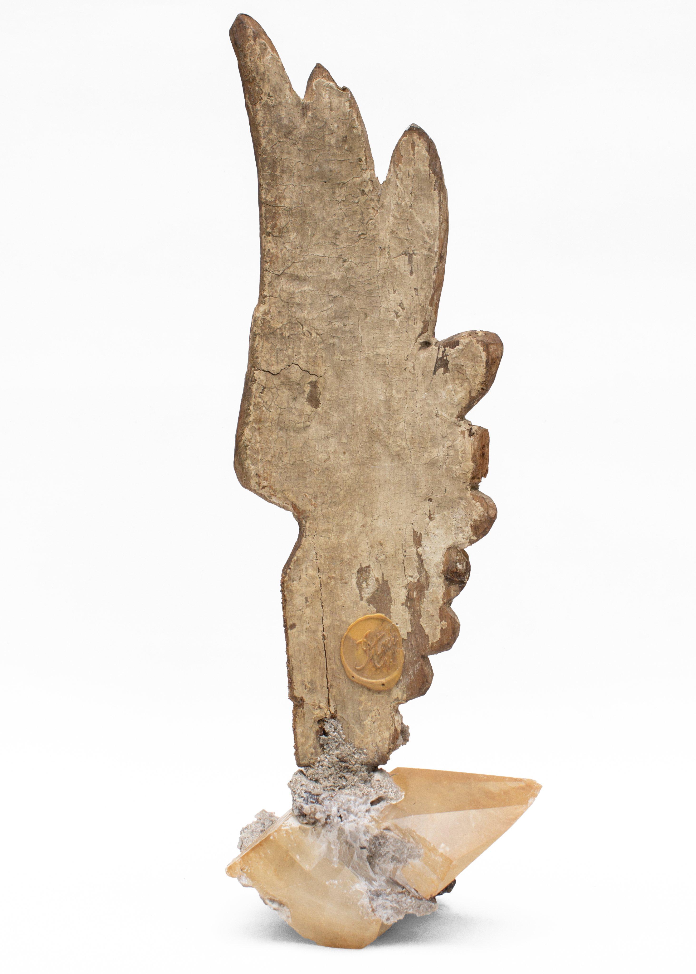 18th Century Hand Carved Italian Angel Wing on Calcite Crystal in Sphalerite In Fair Condition In Dublin, Dalkey