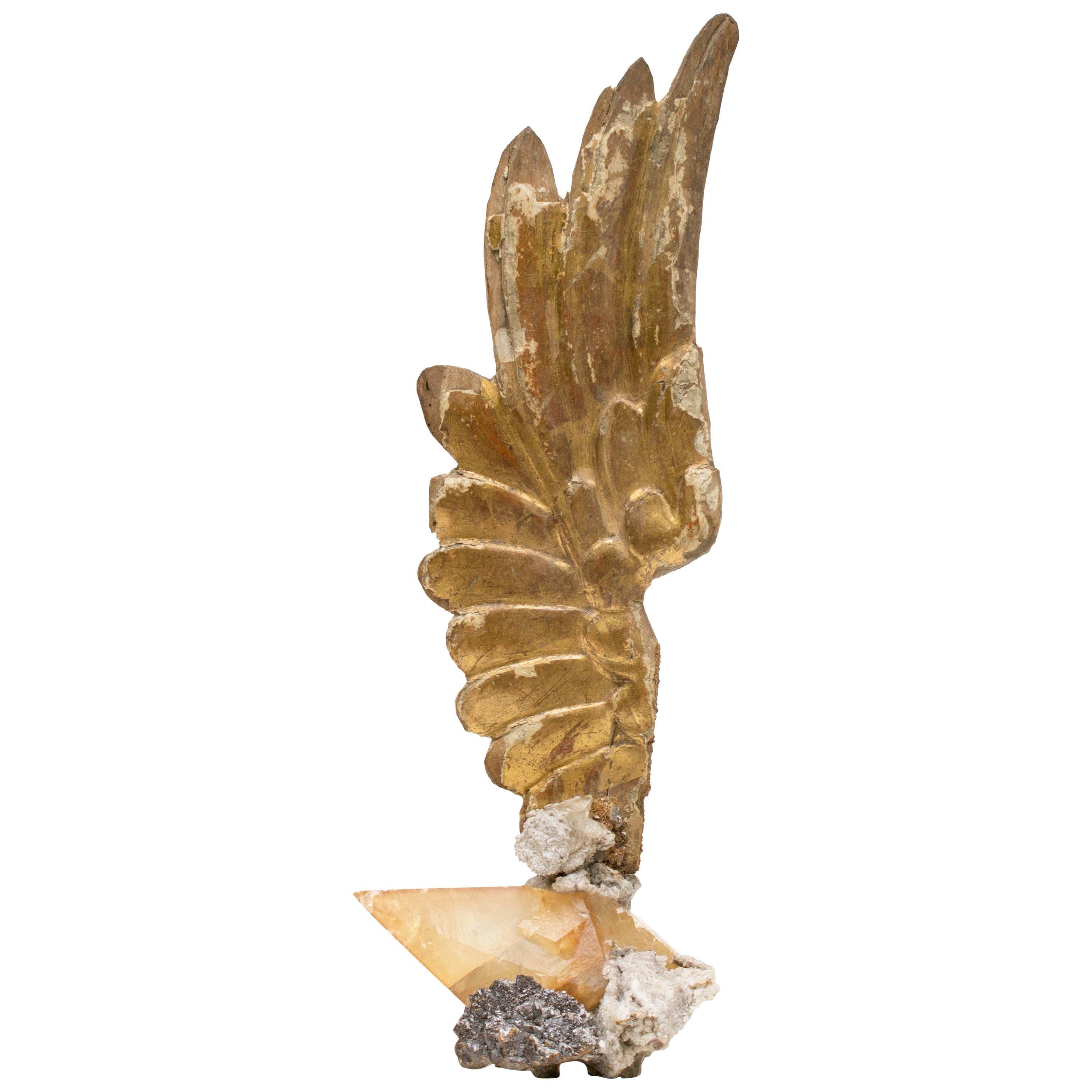 18th Century Hand Carved Italian Angel Wing on Calcite Crystal in Sphalerite
