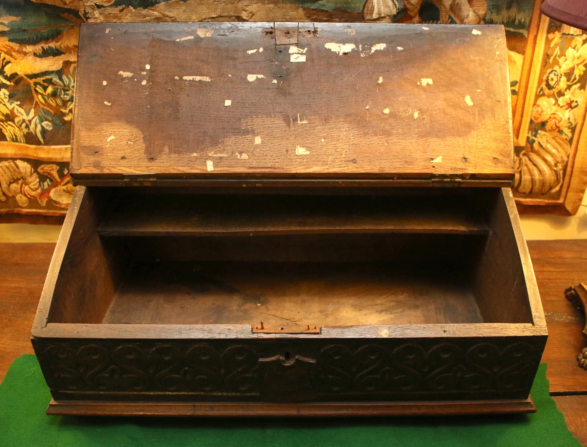 English 18th century Hand Carved Oak Slant Top Bible Box