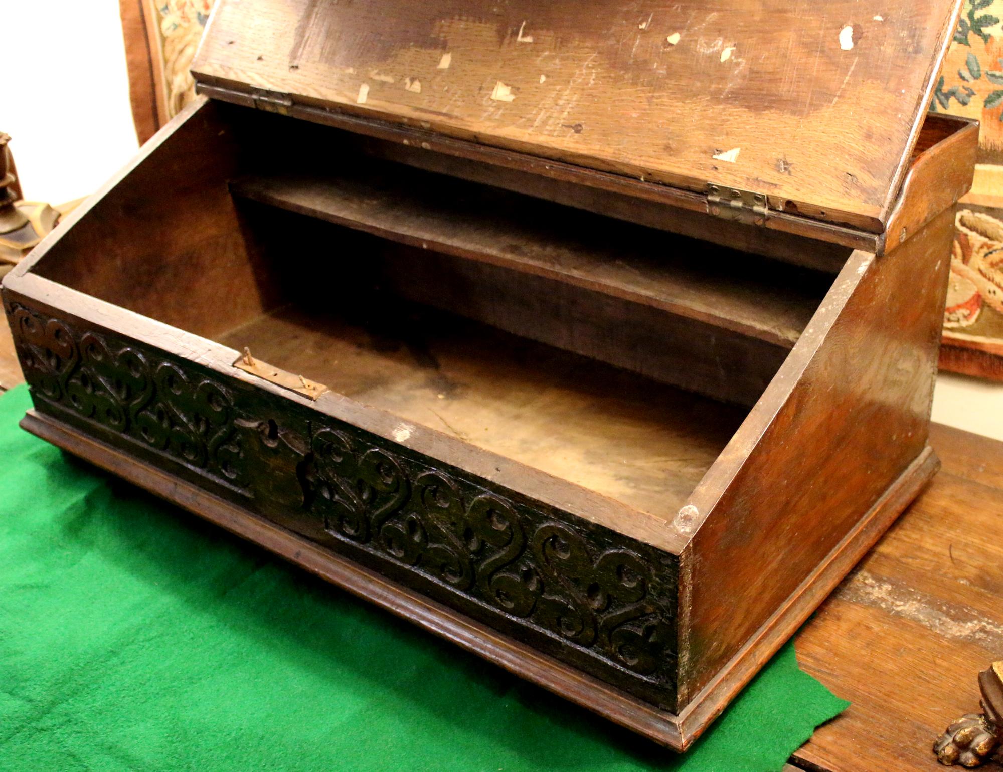 Early 18th Century 18th century Hand Carved Oak Slant Top Bible Box