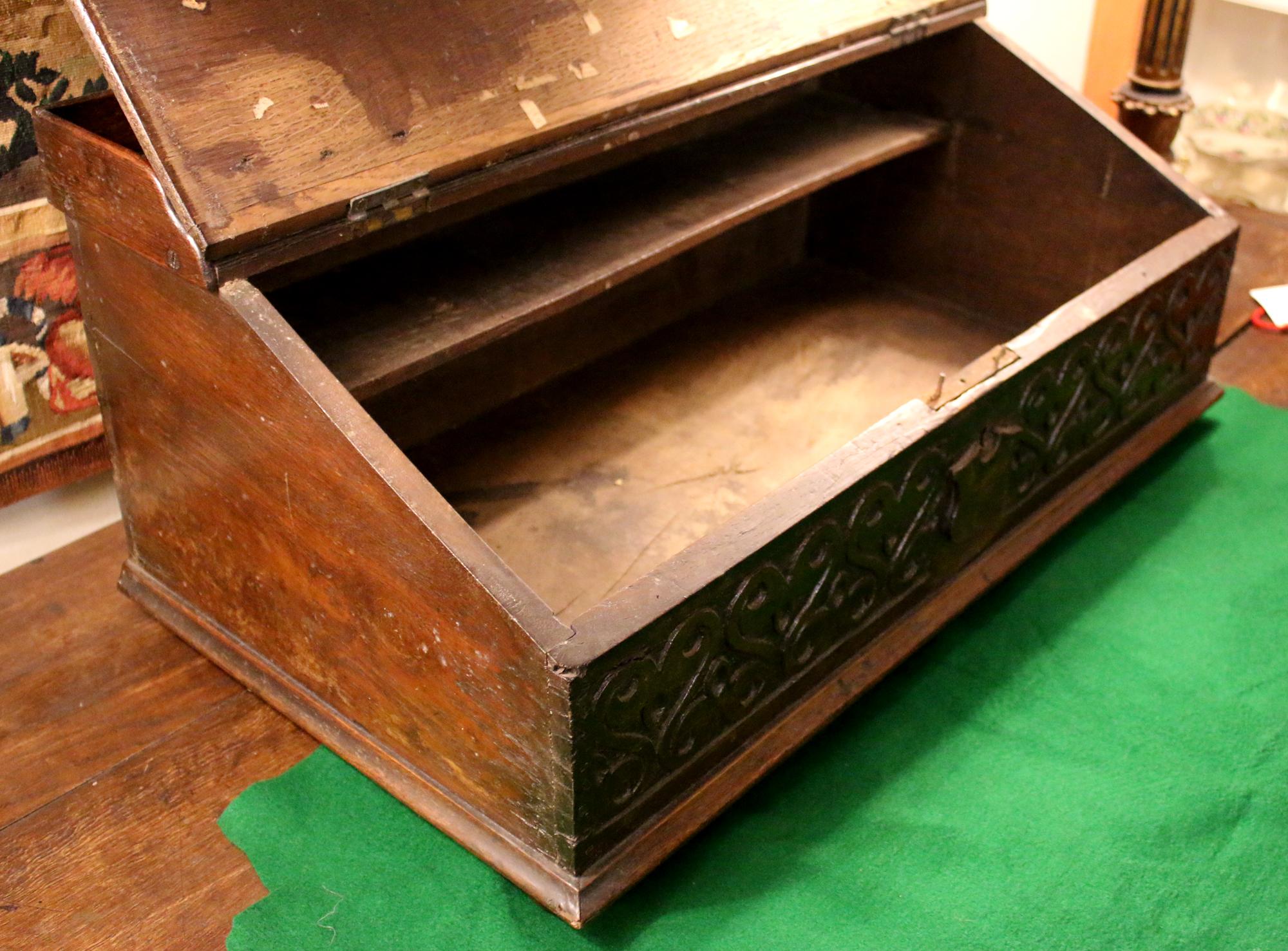 Early 18th Century 18th century Hand Carved Oak Slant Top Bible Box