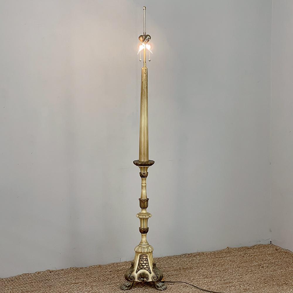 Neoclassical Revival 18th Century Hand-Carved & Painted Italian Candlestick Floor Lamp 'Converted' For Sale