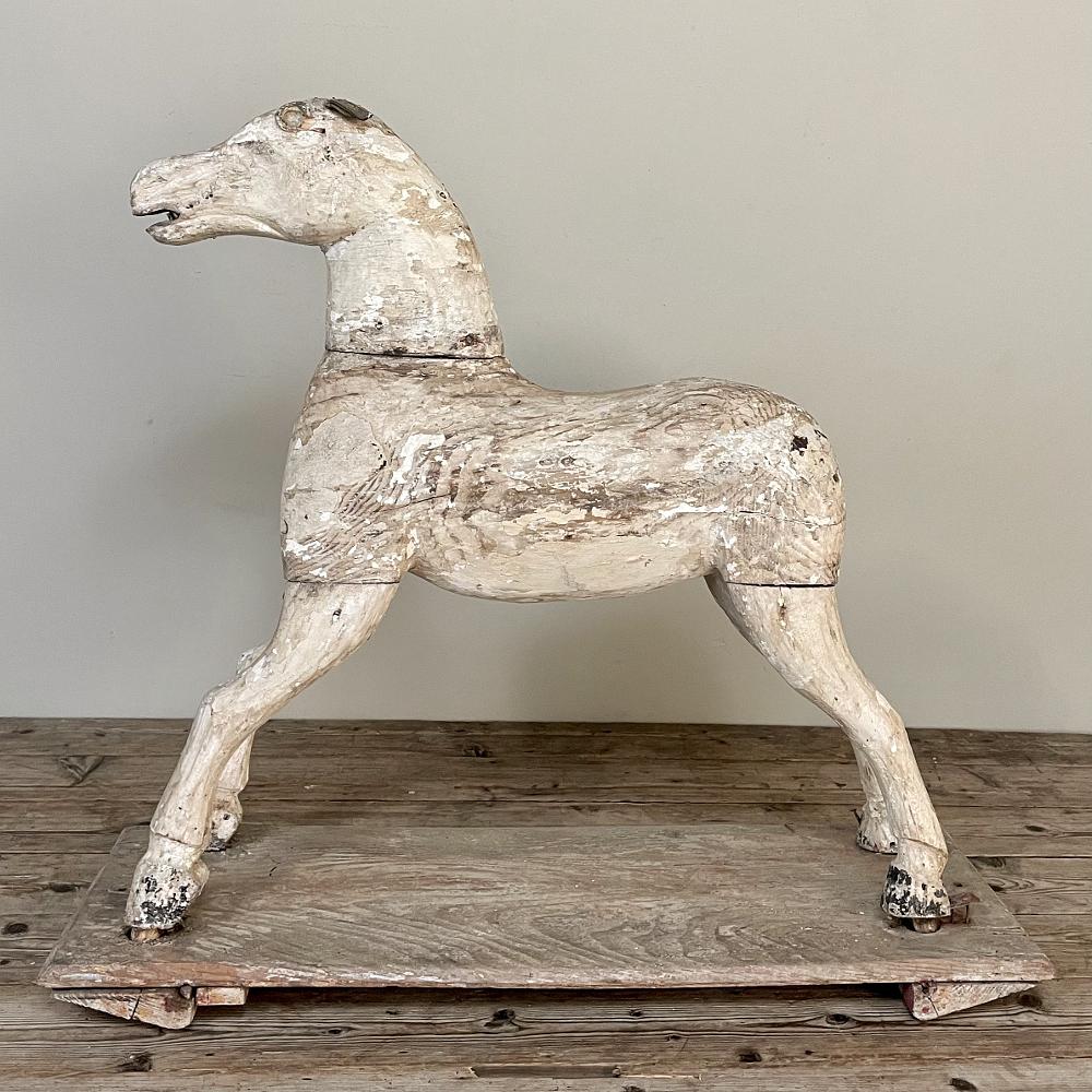 Rustic 18th Century Hand-Carved Pine Rocking Horse For Sale