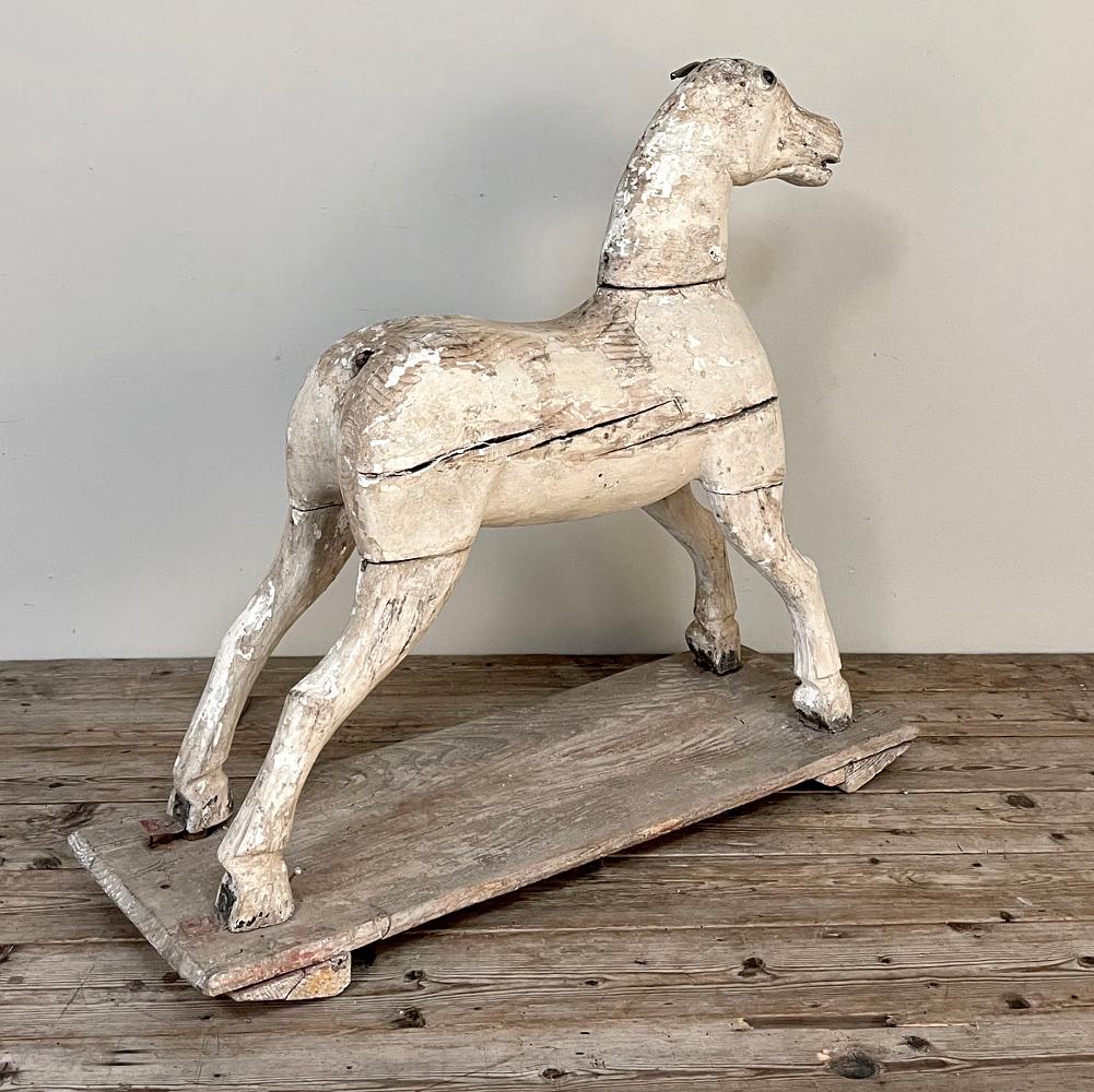 18th Century Hand-Carved Pine Rocking Horse In Distressed Condition For Sale In Dallas, TX