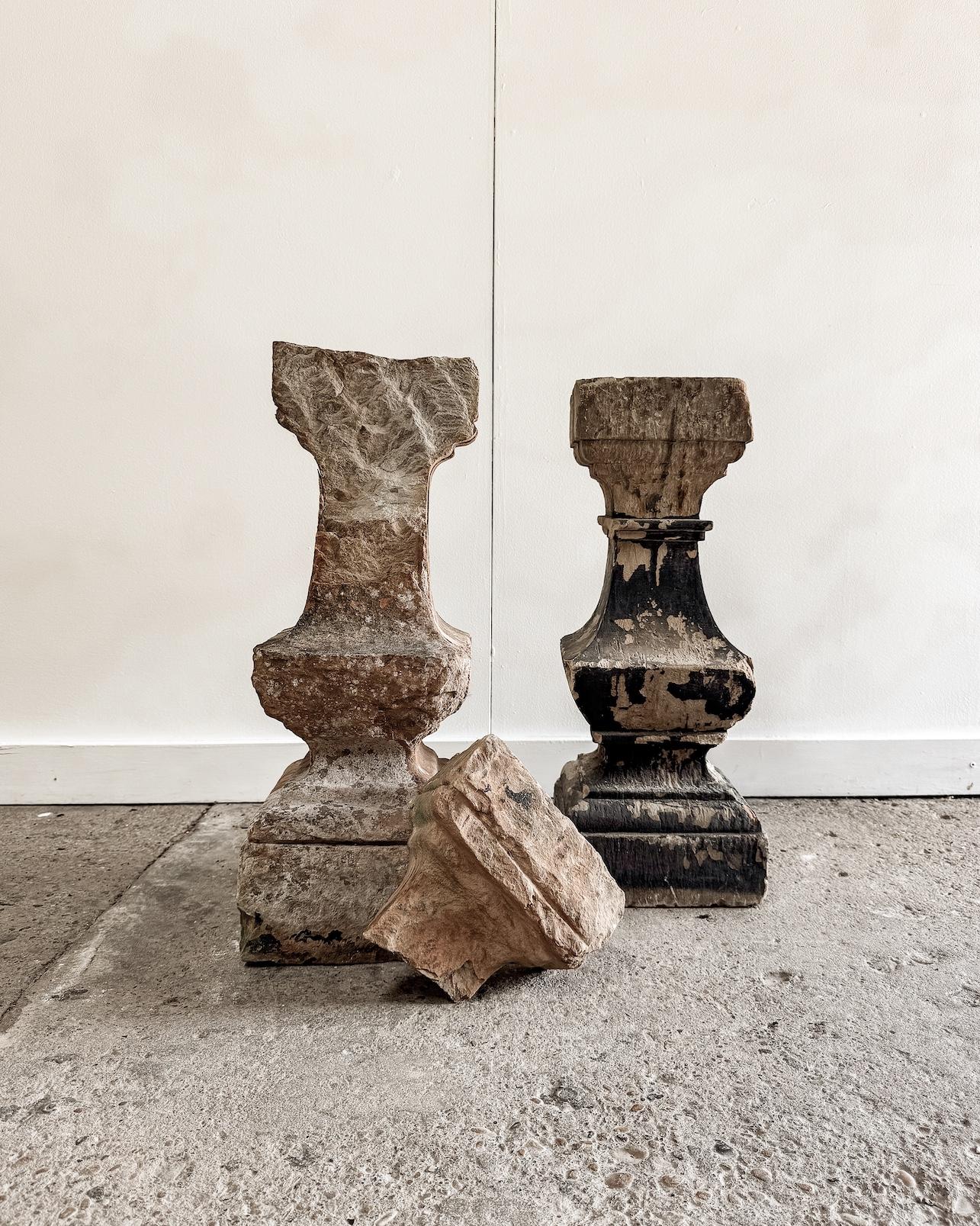 Salvaged from a historic garden wall on a Welsh estate, these 18th-century hand-carved stone balusters celebrate centuries of craftsmanship and heritage. The sculpted forms, weathered surfaces, and time-softened edges speak to their enduring history
