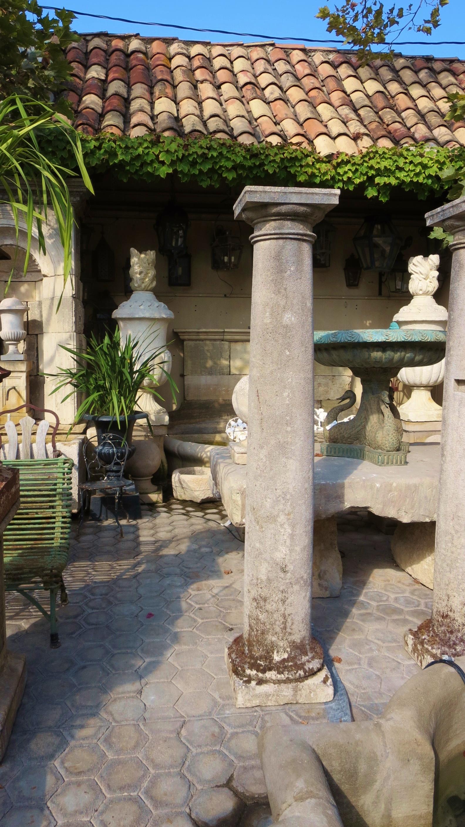 Nicely hand carved total of five available 18th century stone columns sitting on base square pedestal.
Could be sold as a single column to be placed in a garden as an architectural decorative element, focal point or to top it with a finial or mount