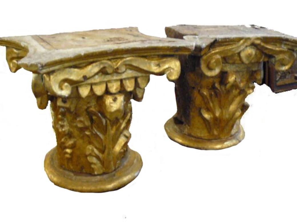 Pair of hand carved wood and gold leaf capitals, in Baroque style, from Spain.
Still in its original patina, they will be the perfect object for your decoration.
