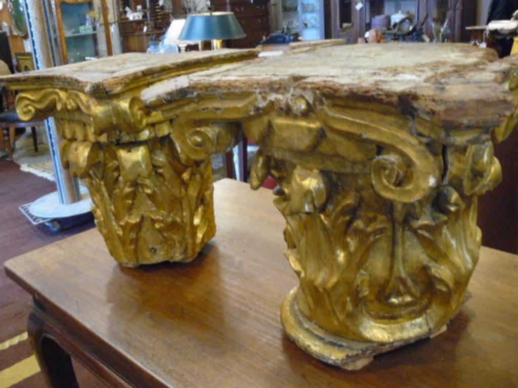Pair of hand carved wood and gold leaf capitals, in Baroque style, from Spain.
Still in its original patina will be the perfect object for your decoration.