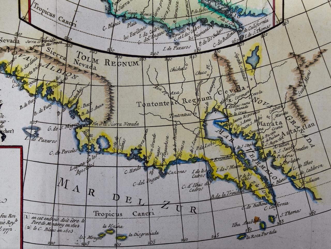 French California, Alaska and Mexico: 18th Century Hand-Colored Map by de Vaugondy For Sale