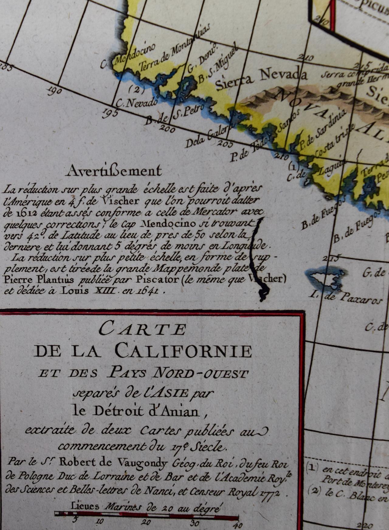 Engraved California, Alaska and Mexico: 18th Century Hand-Colored Map by de Vaugondy For Sale