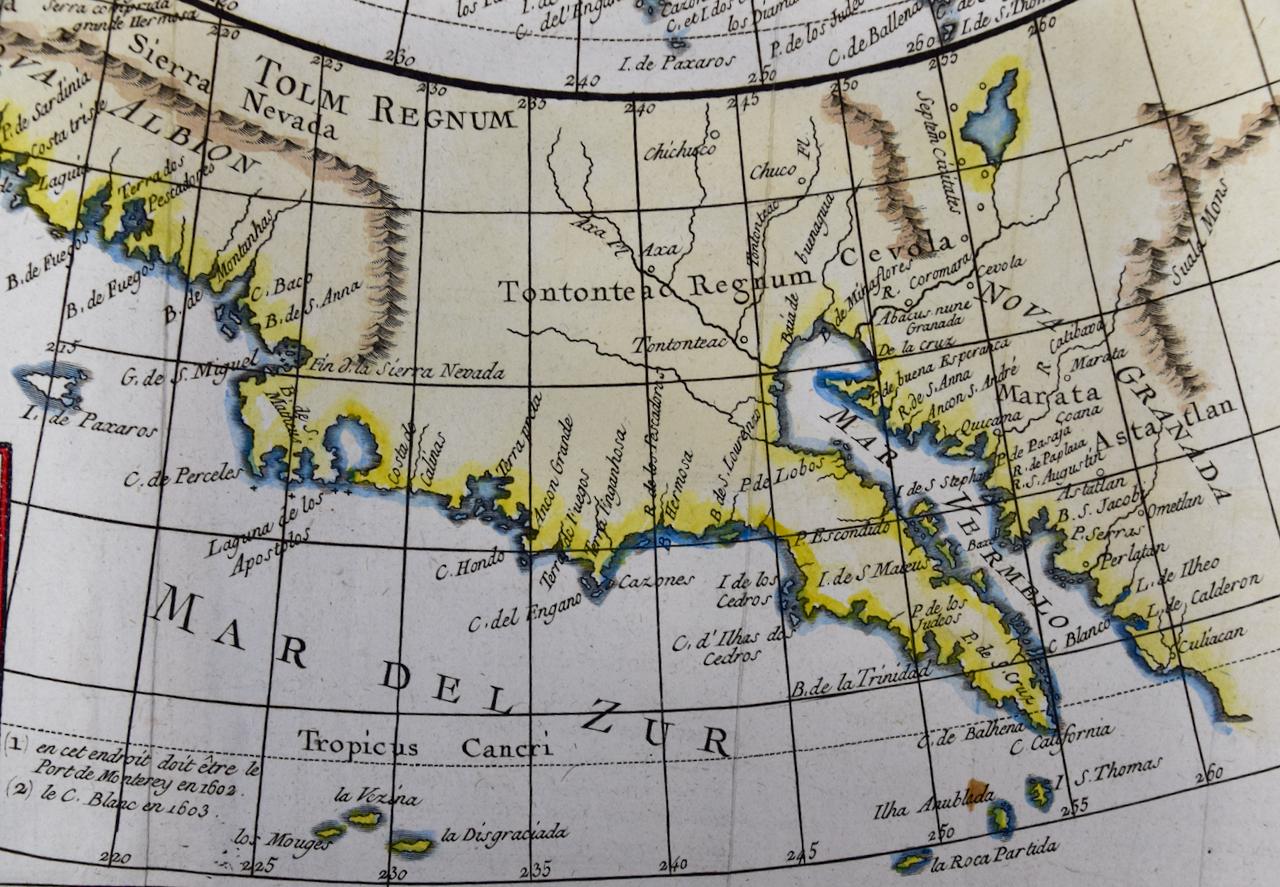California, Alaska and Mexico: 18th Century Hand-Colored Map by de Vaugondy In Good Condition For Sale In Alamo, CA
