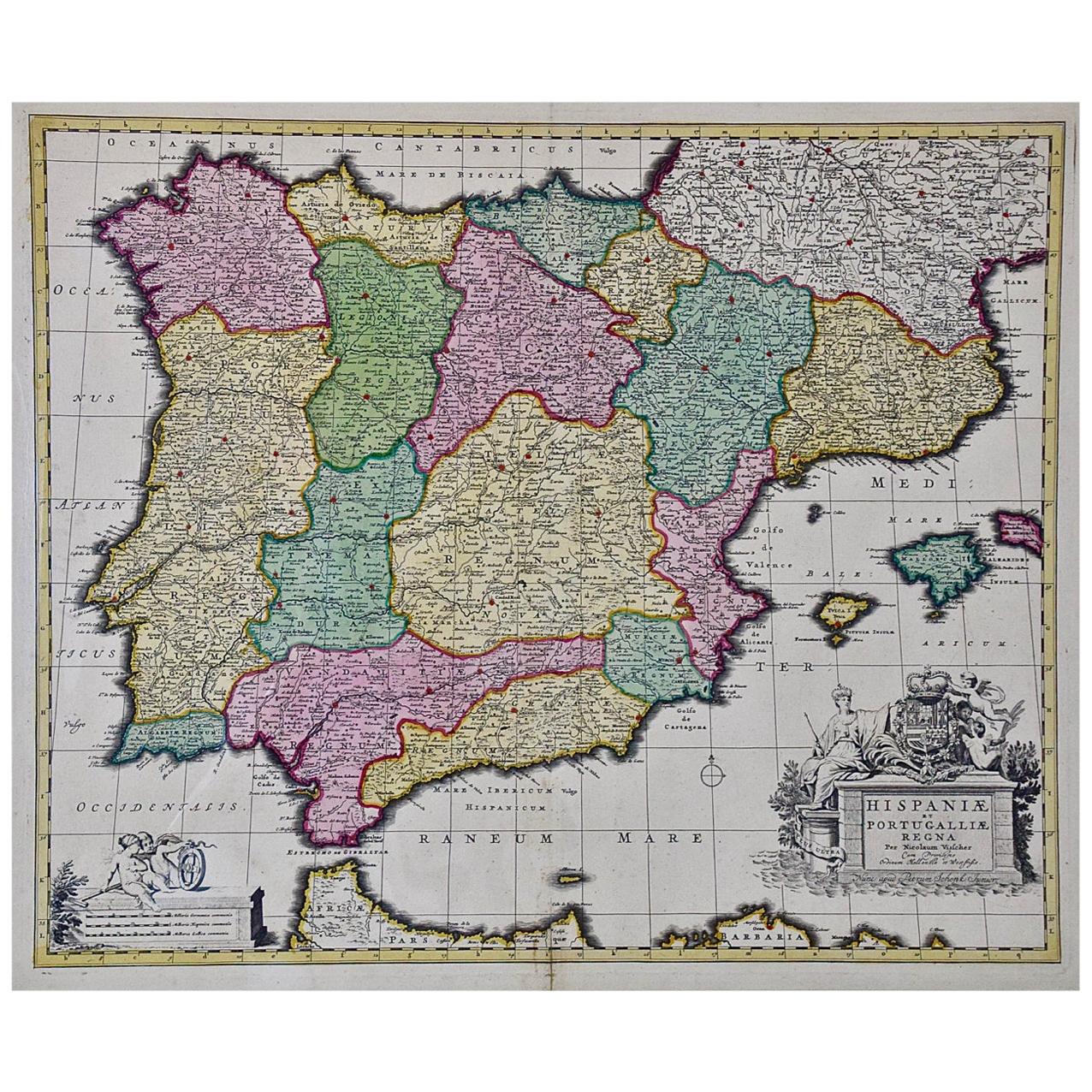 18th Century Hand Colored Map of Spain and Portugal by Visscher