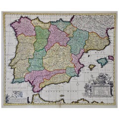 Carte de l'Espagne et du Portugal du 18e siècle colorée à la main par Visscher