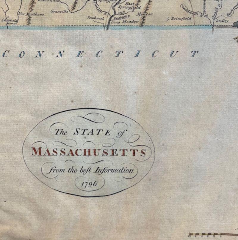Coloniale americano Mappa colorata a mano del 18° secolo dello Stato del Massachusetts, 1796 in vendita