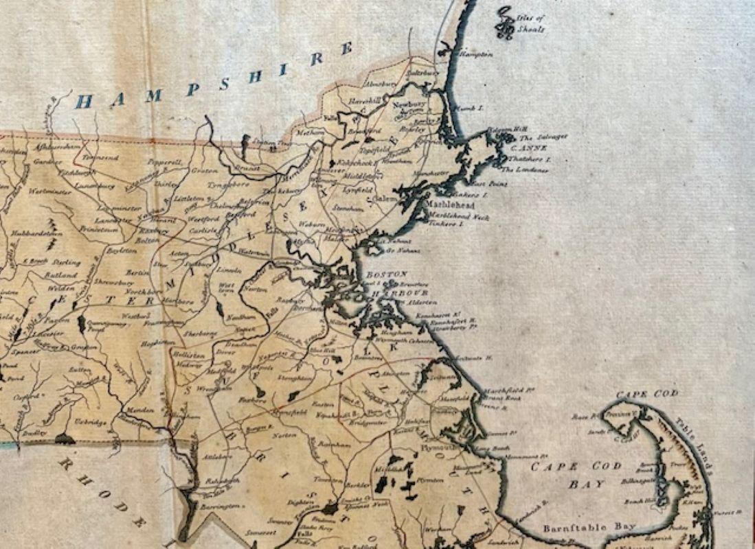 Americano Mappa colorata a mano del 18° secolo dello Stato del Massachusetts, 1796 in vendita