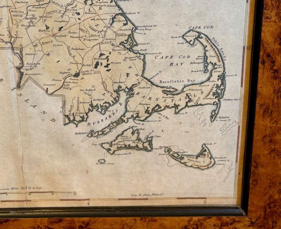 Dipinto a mano Mappa colorata a mano del 18° secolo dello Stato del Massachusetts, 1796 in vendita