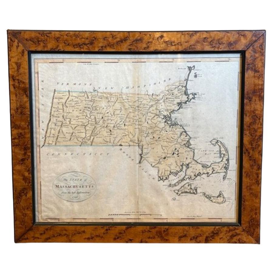 Carte de l'État du Massachusetts du 18e siècle, colorée à la main, 1796
