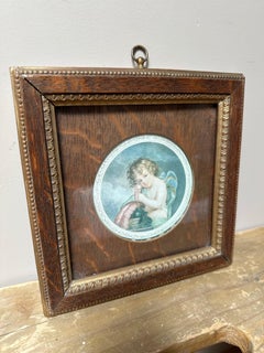 18th-Century Hand-Coloured Engraving of Cupid, Framed 8 x 8 Art, Oak Gilt Frame