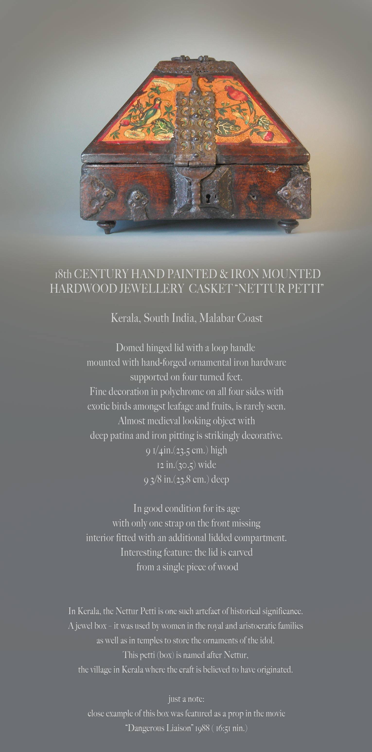 18th Century Hand-Painted & Iron Mounted Hardwood Jewelry Casket 