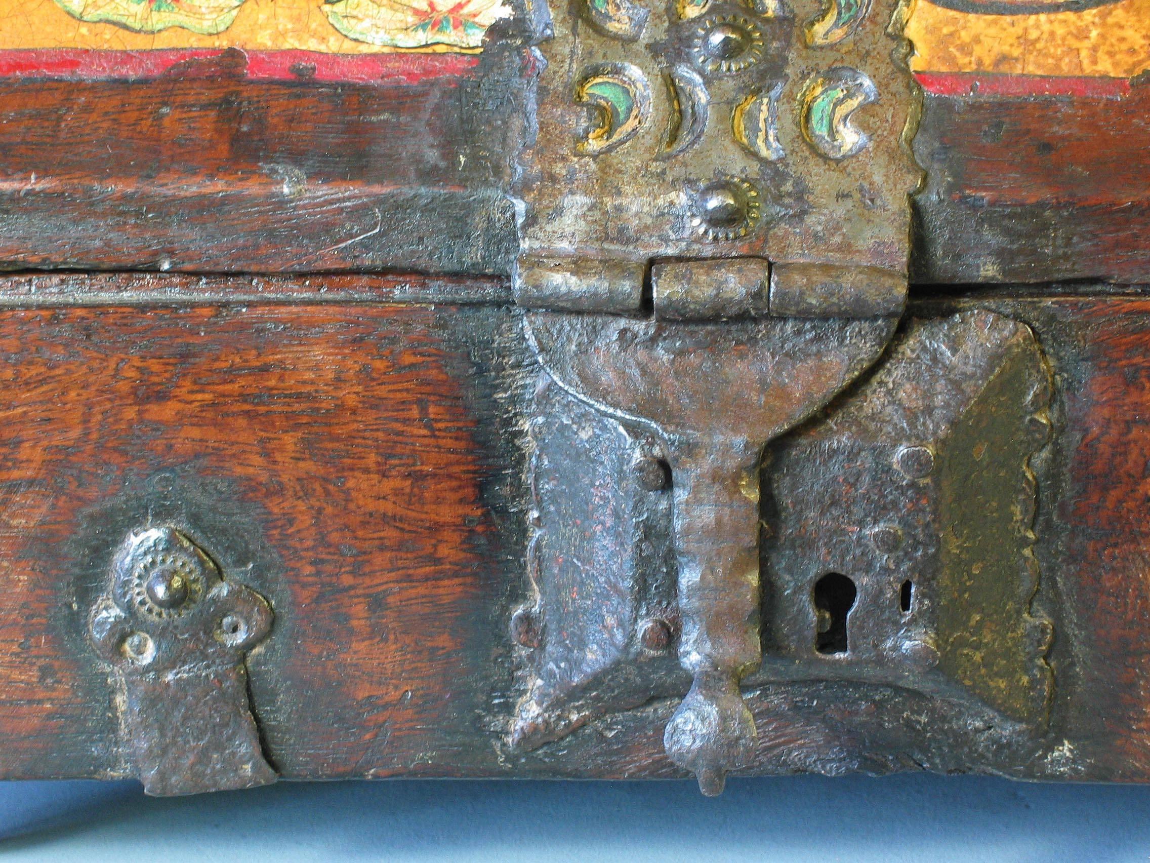 Indian 18th Century Hand-Painted & Iron Mounted Hardwood Jewelry Casket 