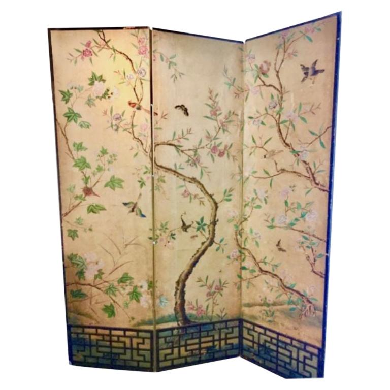 18th Century Hand Painted Chinese Wallpaper Three-Panel Screen