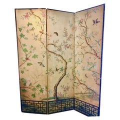 18th Century Hand Painted Chinese Wallpaper Three-Panel Screen