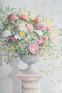 18th Century Hand Painted Decorative Panel with Ancient Column and Flowers