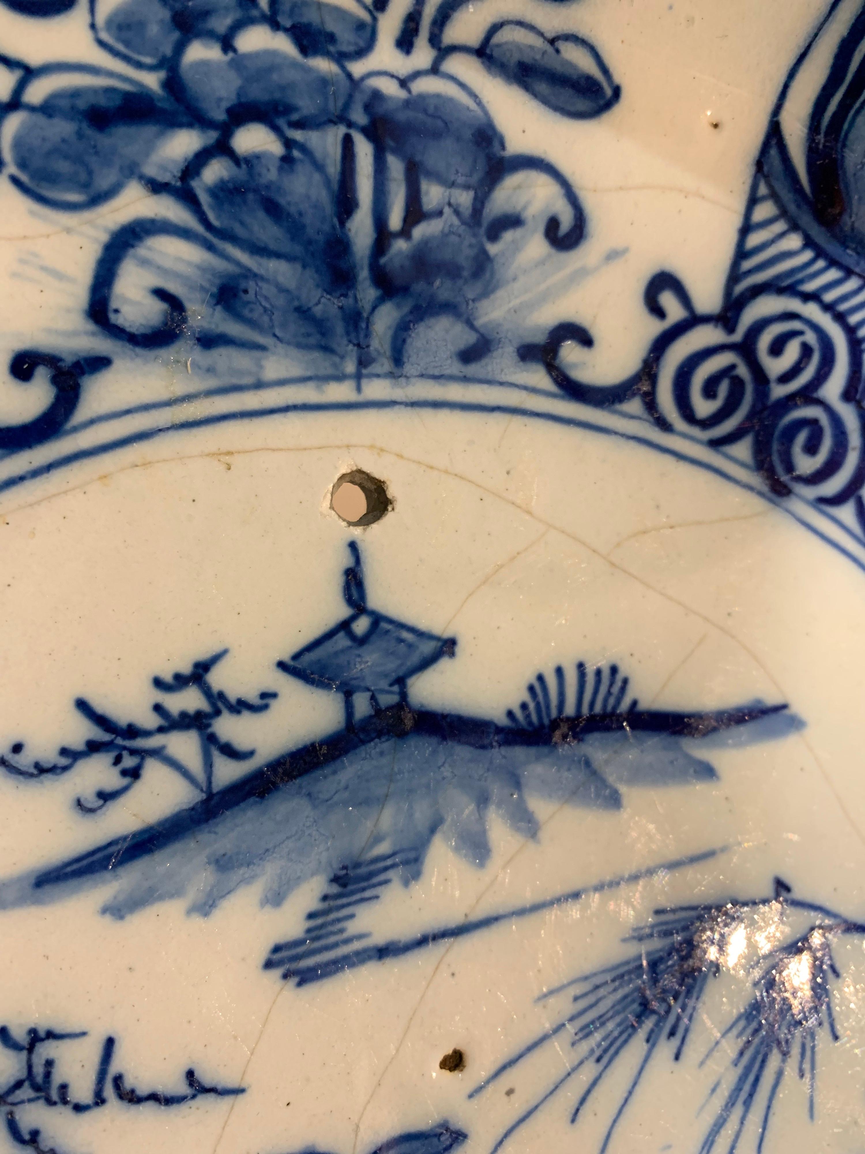 18th Century and Earlier 18th Century Hand Painted Dutch Delft Chinoiserie Pattern Platter For Sale