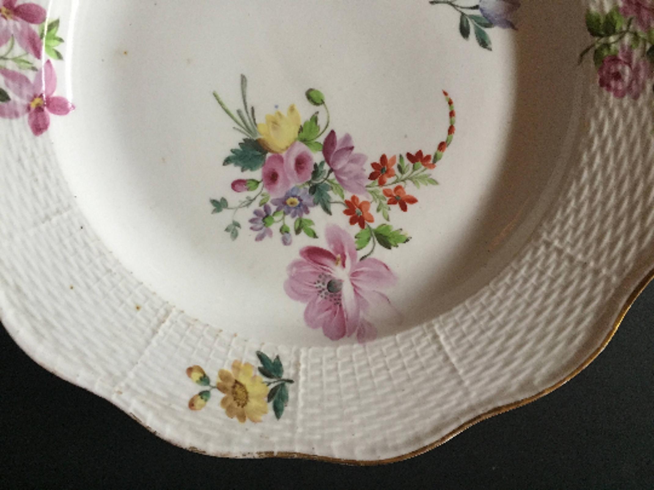 Hand-Painted 18th Century Hand Painted French Soft Paste Porcelain Dinner Plates, Set of 16