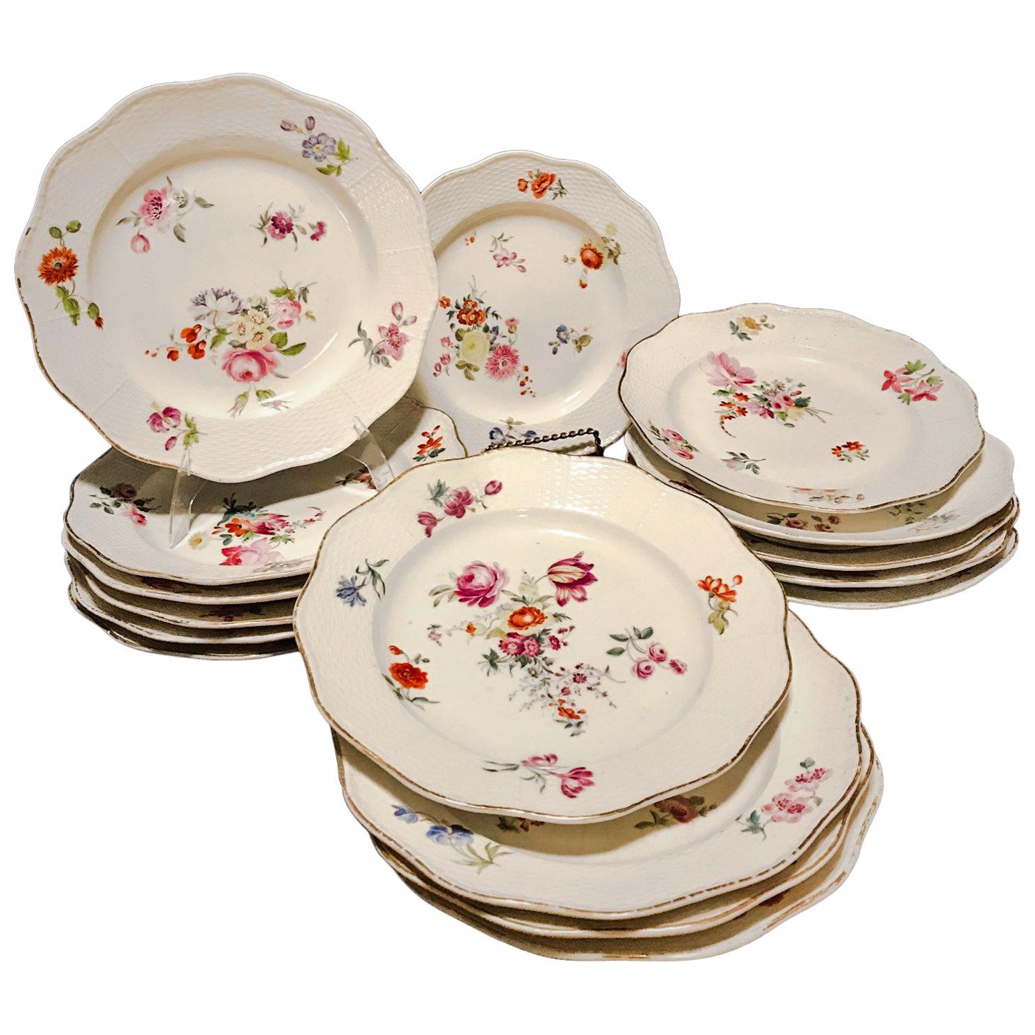 18th Century Hand Painted French Soft Paste Porcelain Dinner Plates, Set of 16