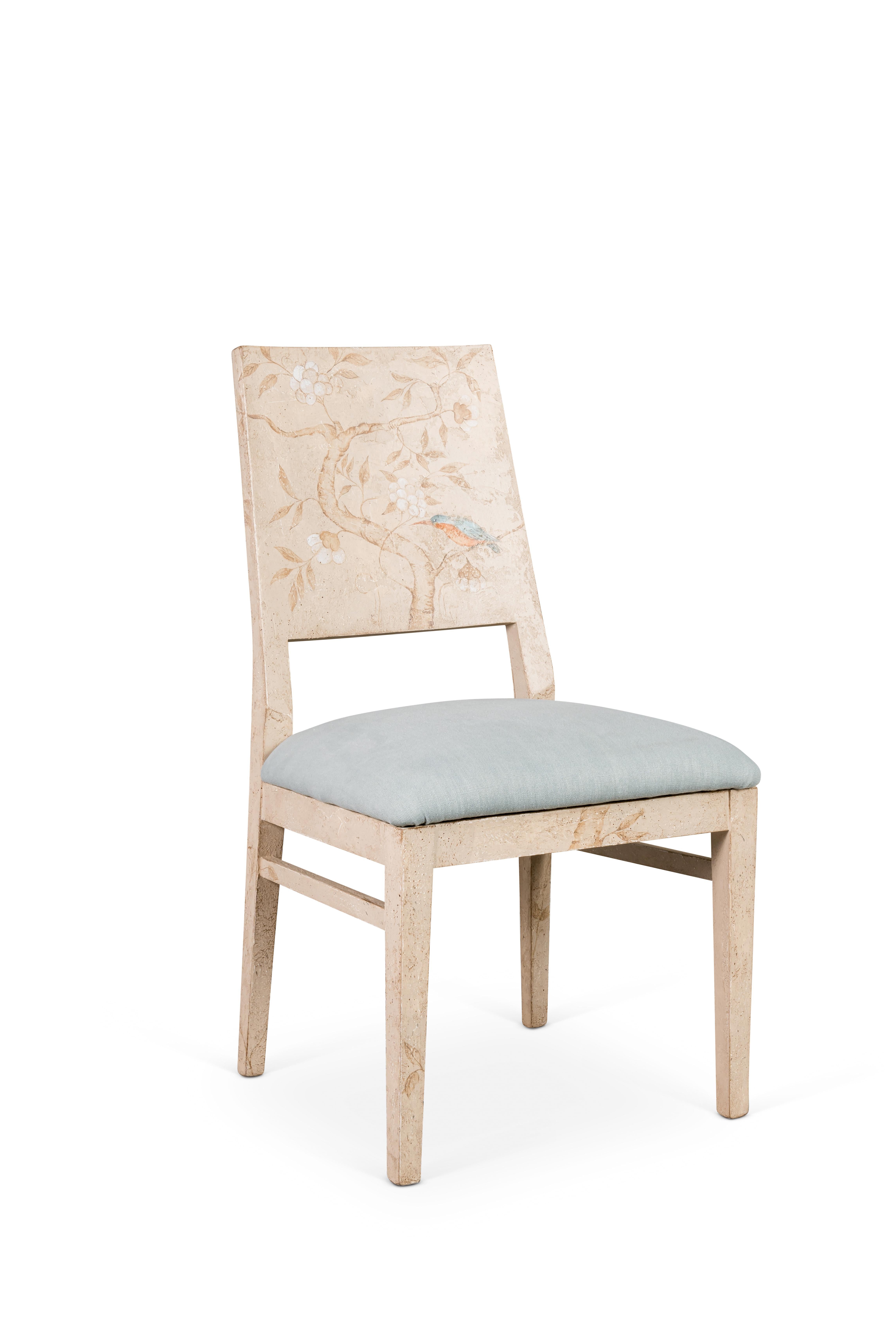 Other 18th Century Hand Painted Light Taupe Indigo Chair with Birds & Brenches Decor For Sale