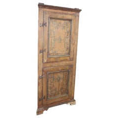 18th Century Hand Painted Poplar Wood Antique Corner Cupboard or Corner Cabinet