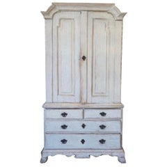 Antique 18th Century Hand Painted Provincial Swedish Cabinet on Drawers, White and Blue