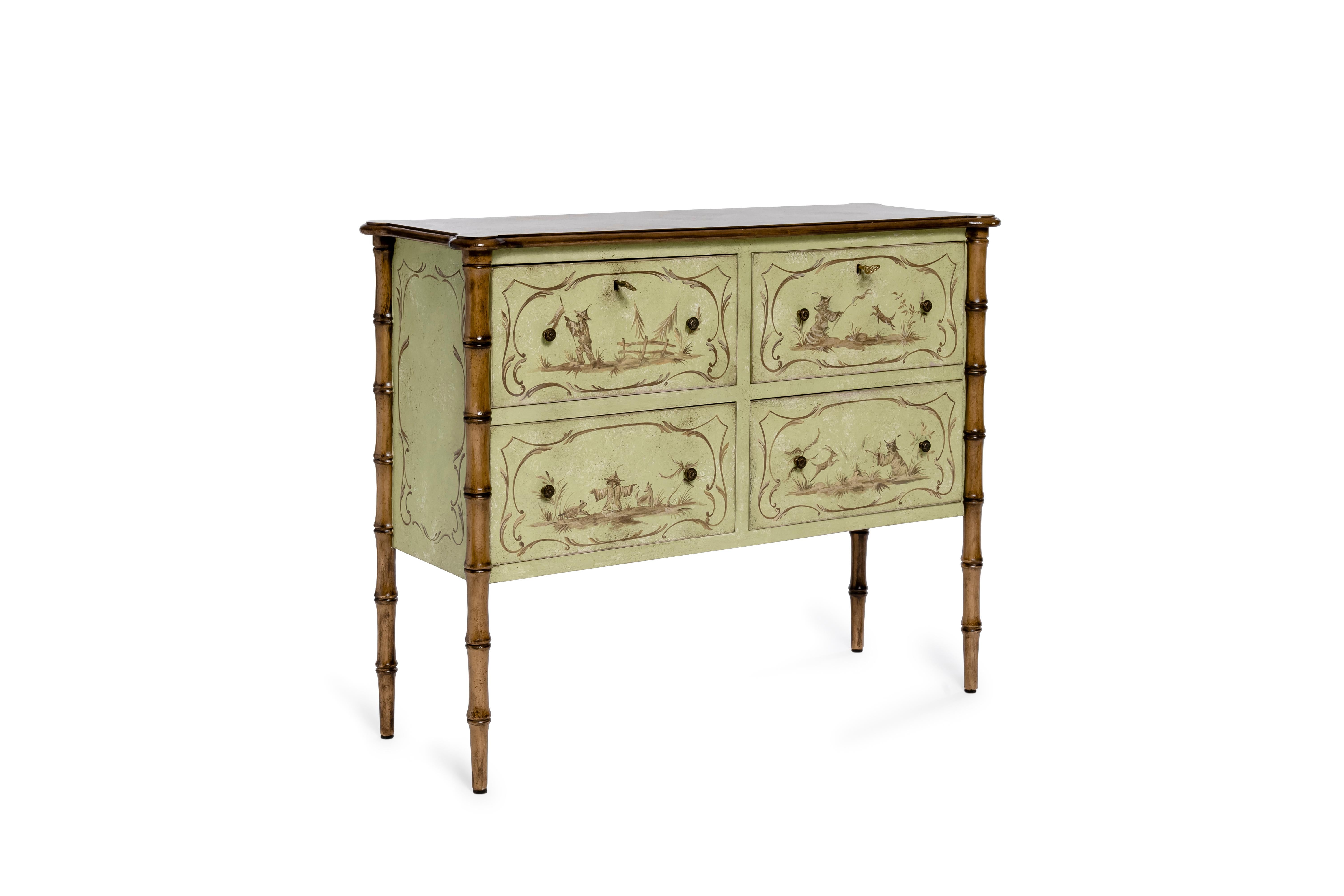 From our hand painted Furniture Collection, we are pleased to introduce you to our Apple Green Bamboo Lombardia Console with drawers. 
This beautiful creation is the perfect balance between the old-world of Venetian hand-painted Furniture and the