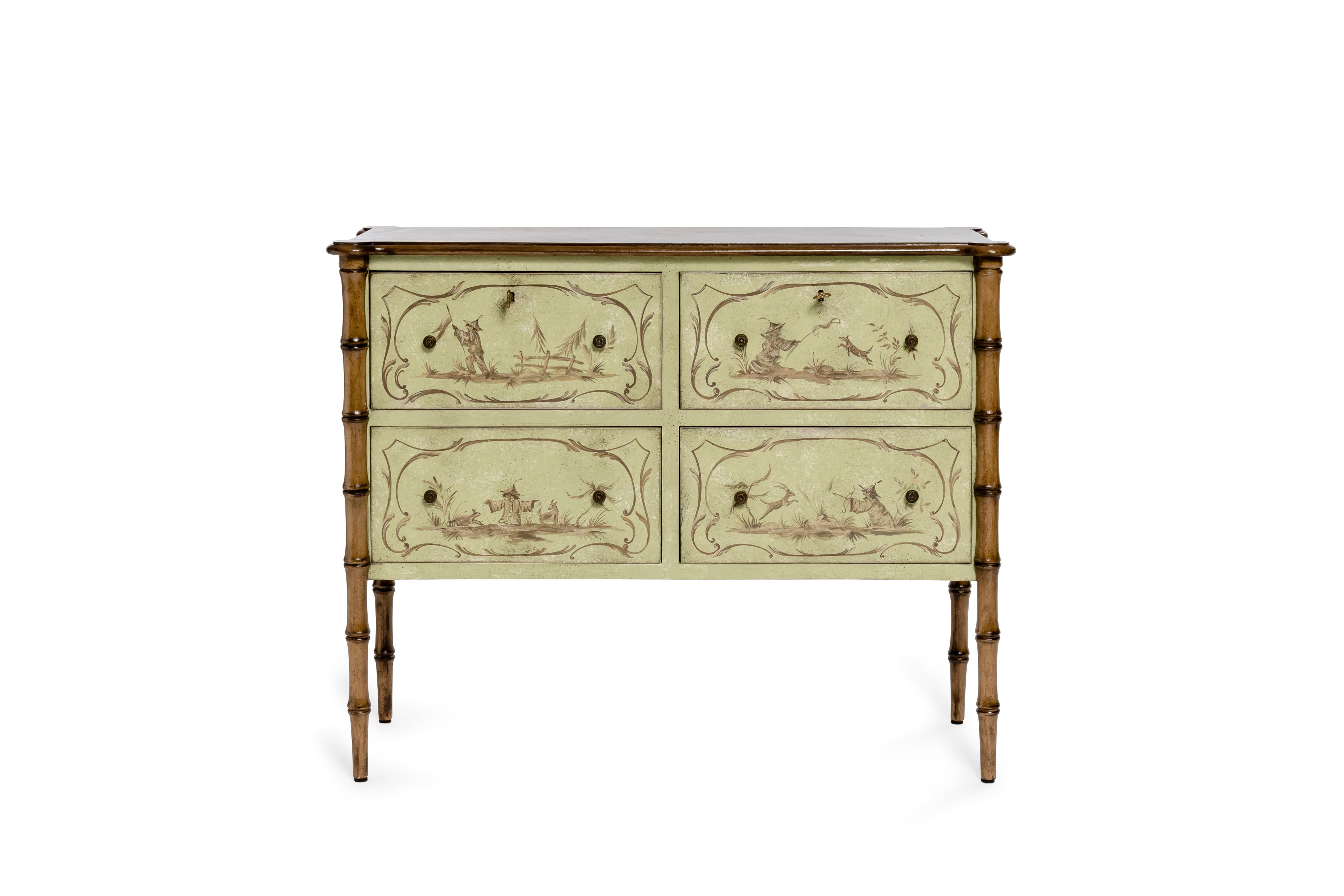Italian 18th Century Hand Painted Venetian Apple Green Bamboo Lombardia Console For Sale