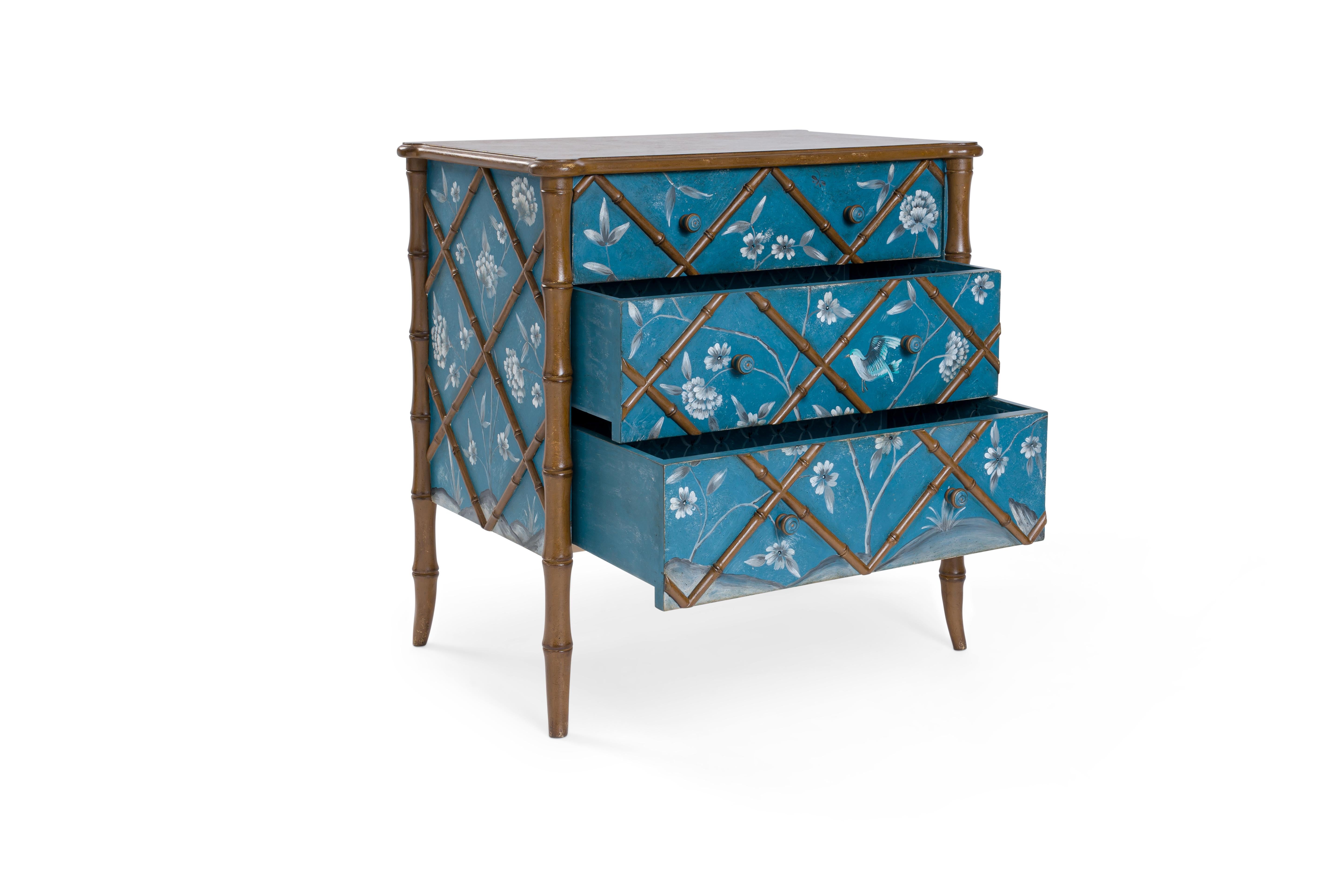 Other 18th Century Hand Painted Venetian Blue Petrol Bamboo Fiesole Chest with flowers For Sale