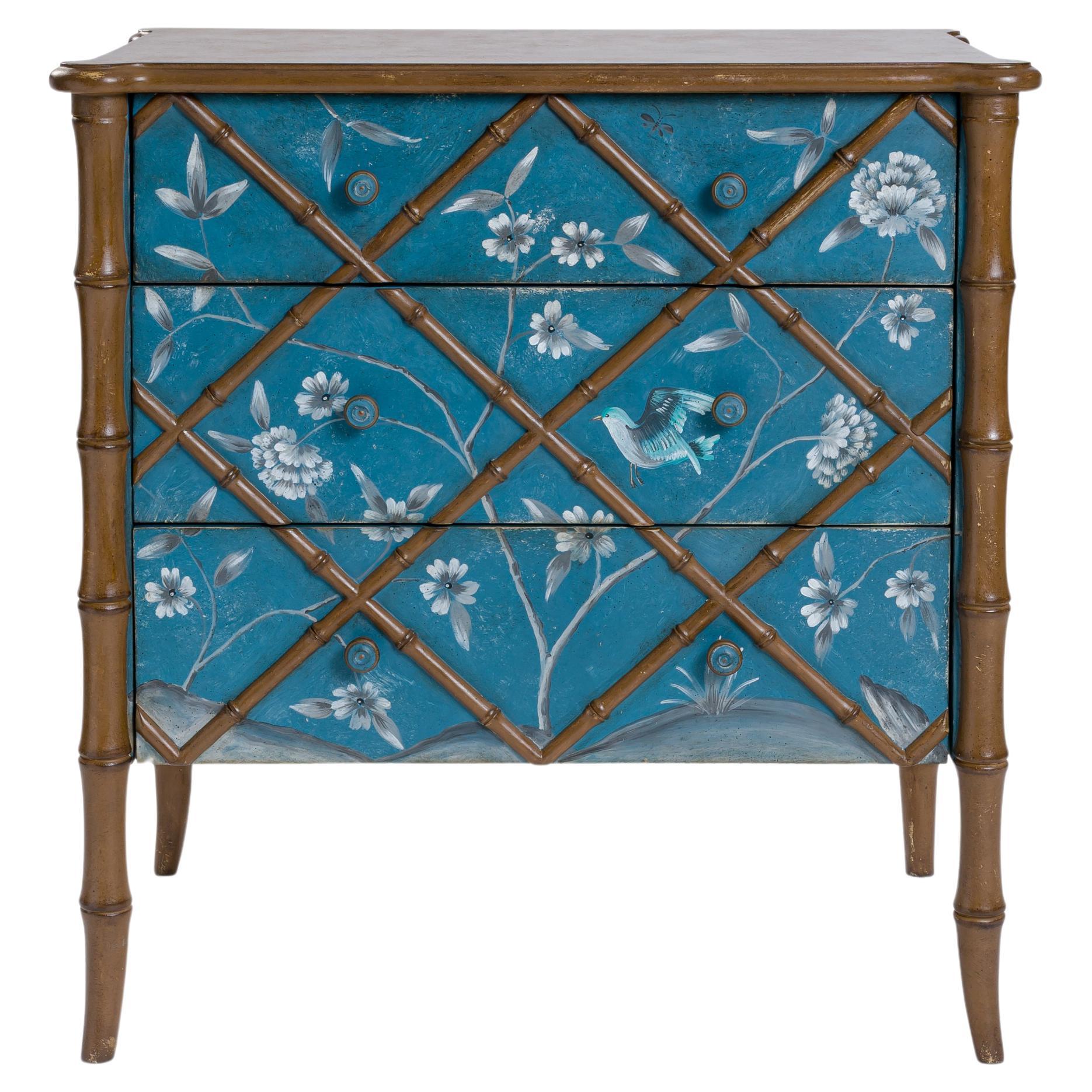18th Century Hand Painted Venetian Blue Petrol Bamboo Fiesole Chest with flowers For Sale