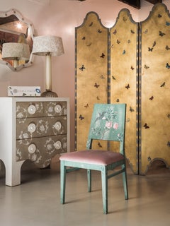 18th Century Hand Painted Venetian Green Indigo Dining Chair with Foliage