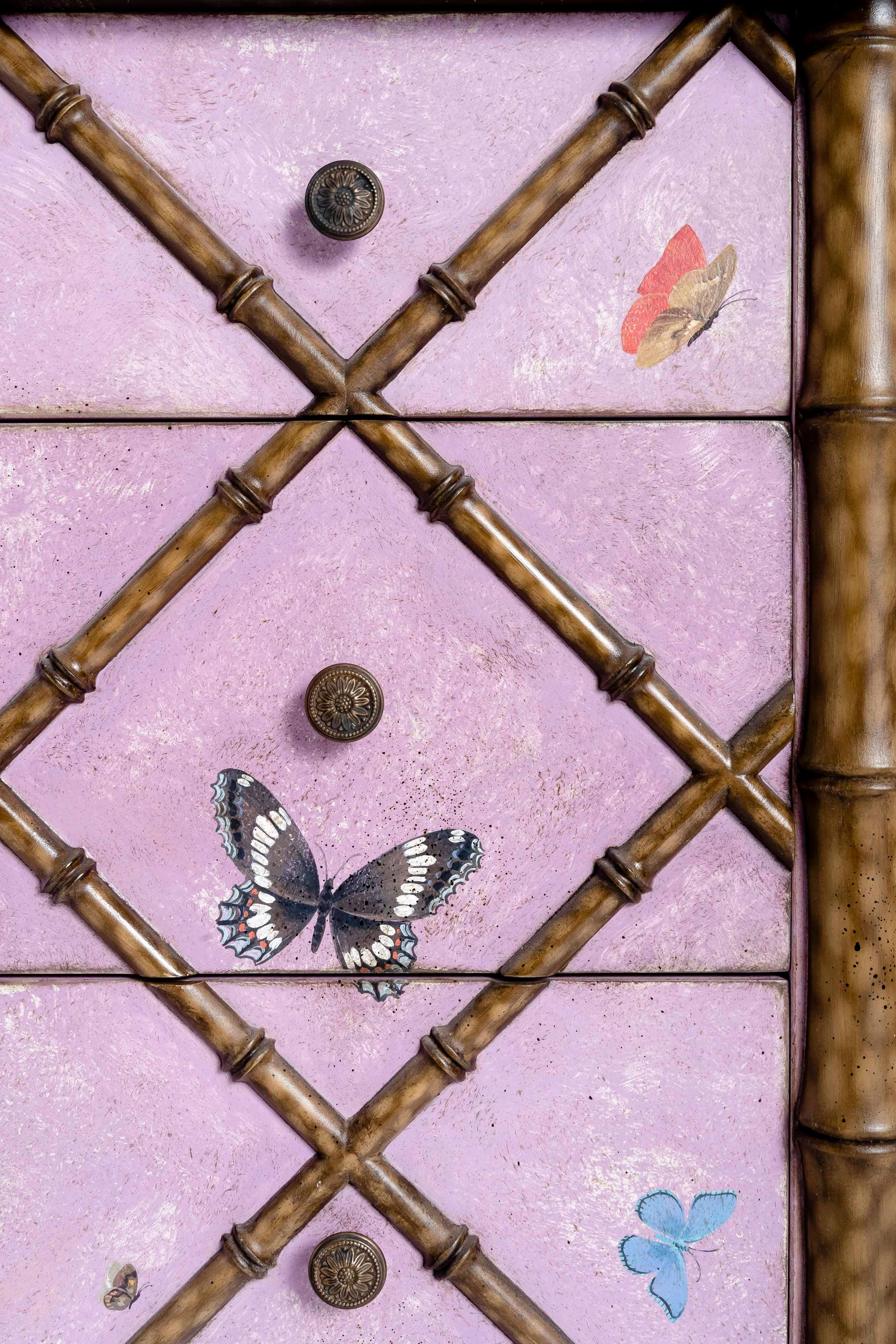 Other 18th Century Hand Painted Venetian Pink Bamboo Fiesole Chest with Butterflies For Sale