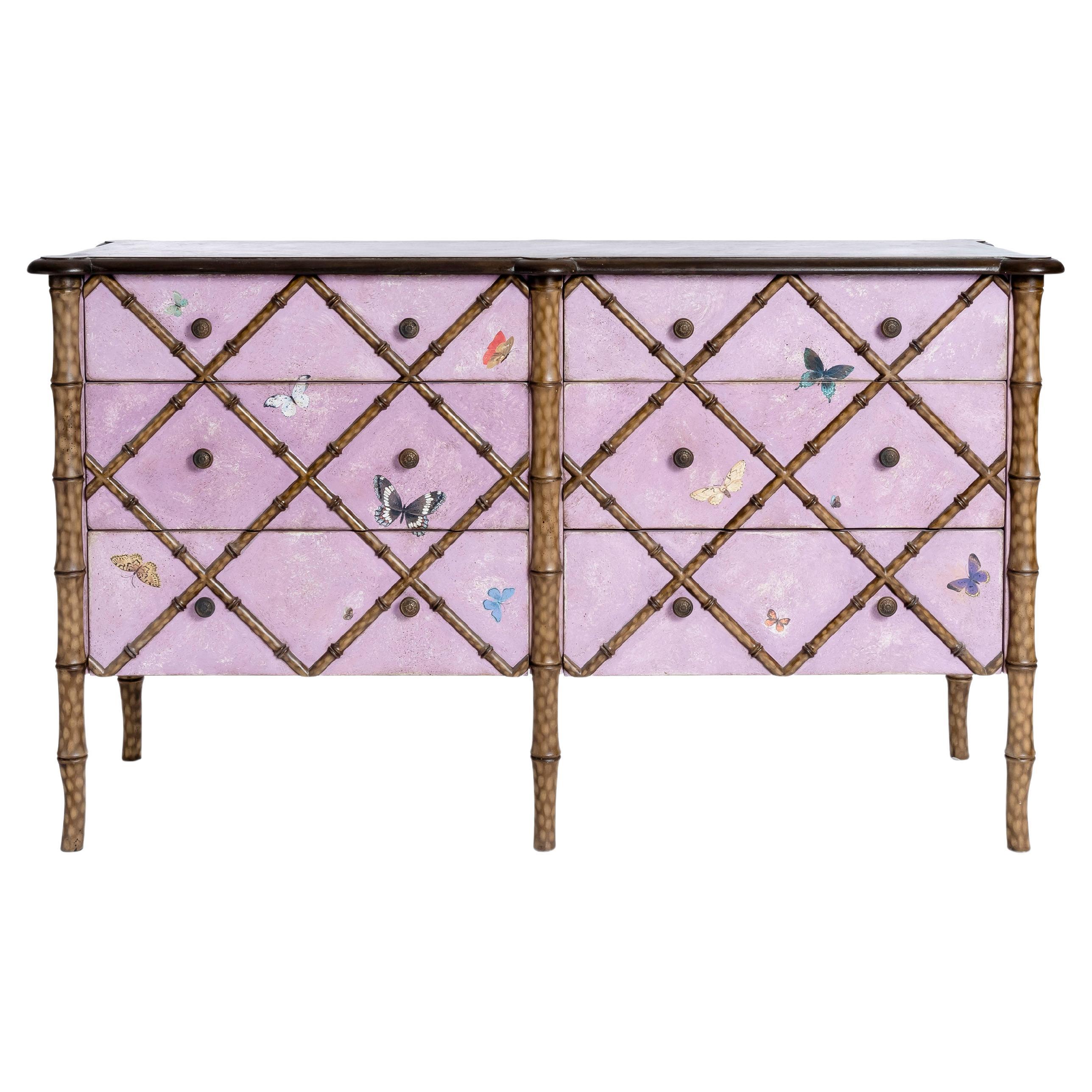 18th Century Hand Painted Venetian Pink Bamboo Fiesole Chest with Butterflies For Sale