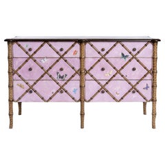 18th Century Hand Painted Venetian Pink Bamboo Fiesole Chest with Butterflies