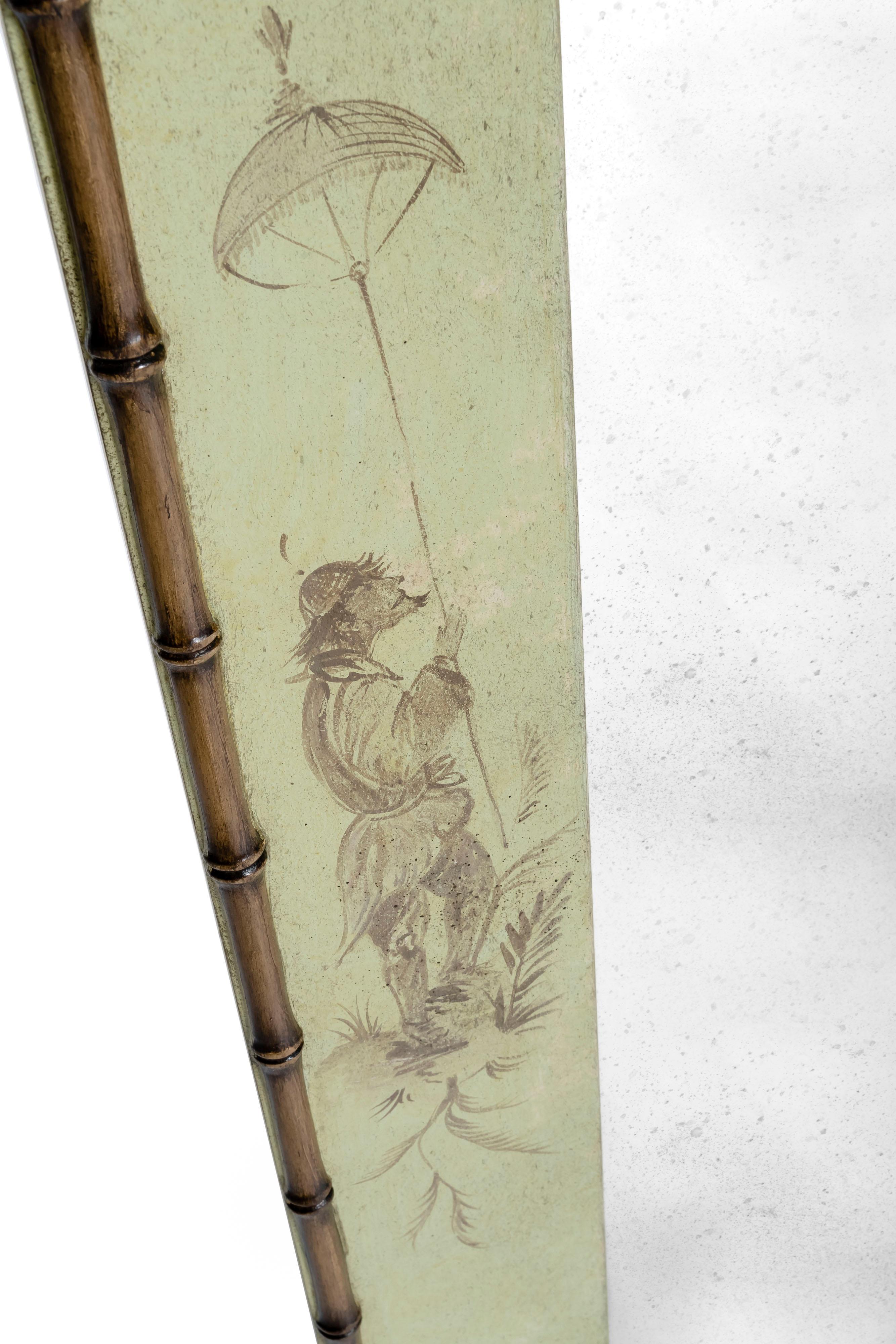 Italian 18th Century Hand-Painted Venetian Style Apple Green Bamboo Michelangelo Mirror For Sale